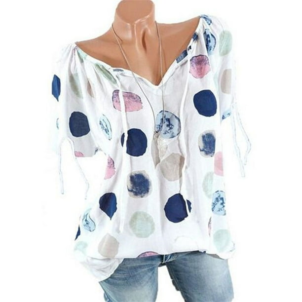 New Women/'s Ladies Polka Dots Print Short Sleeve Crew Neck T-Shirt Tops Blouse